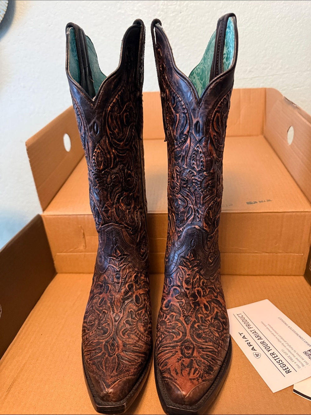 Ariat Brown Tooled Leather Heeled Boots - Picture 4 of 4